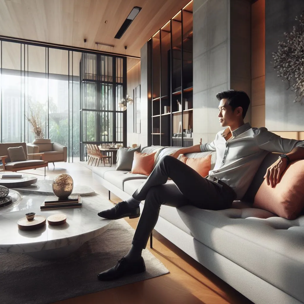 Asian Man sitting in great living room
