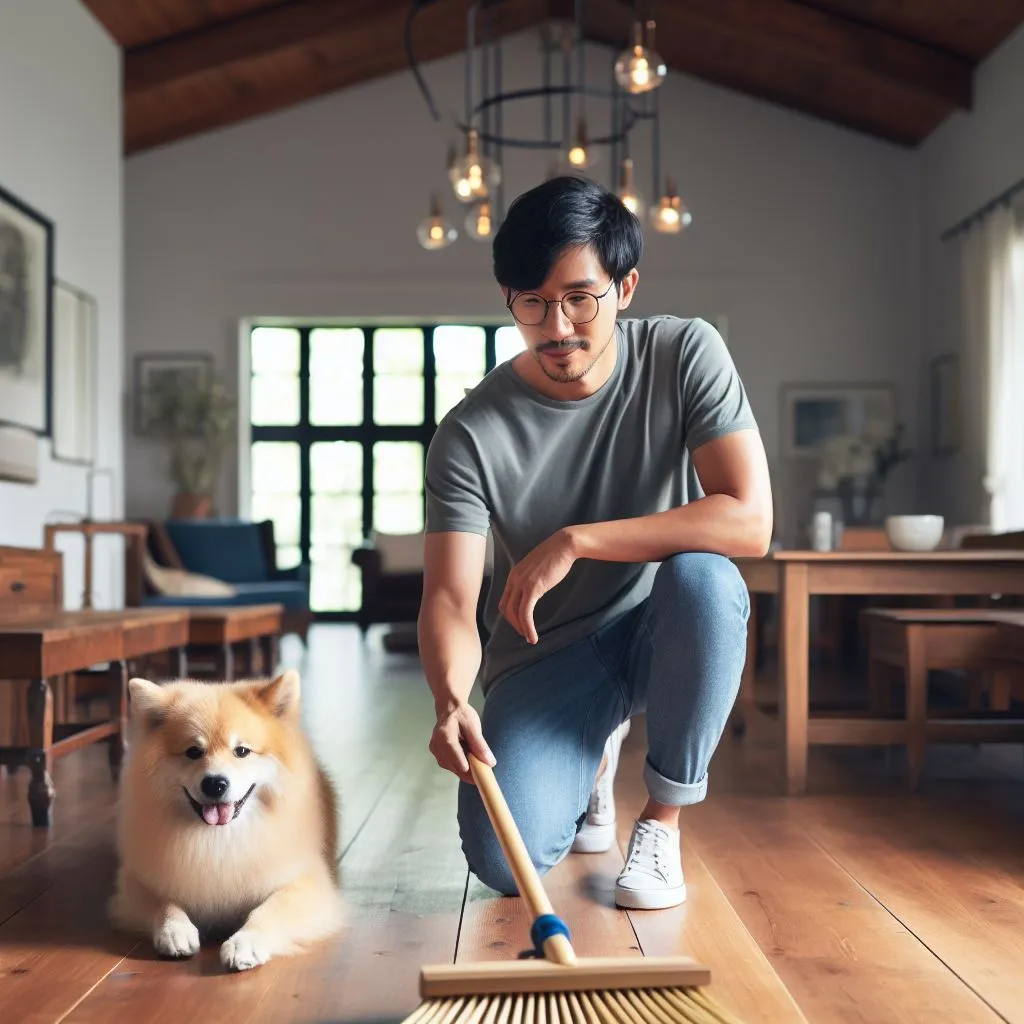 Asian Man sweeping with dog