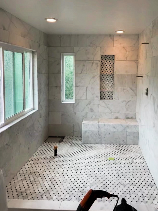 A large black and white shower